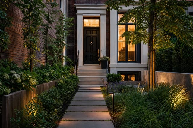 narrow urban front yard with slim layered planting, a straight stone walk, low path lights, and a compact townhouse entry