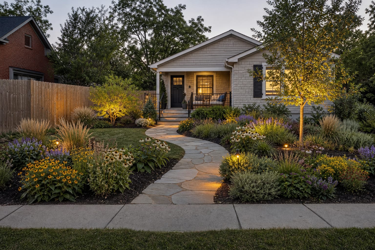 Same front yard redesigned with curved stone path, native grasses, flowering perennials, serviceberry tree, and crisp planted edges.