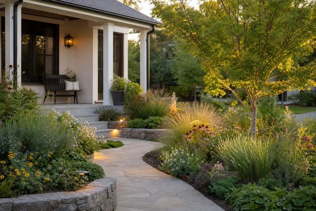 Layered native front garden with curved path, meadow perennials, small tree, and crisp stone edging beside a simple porch