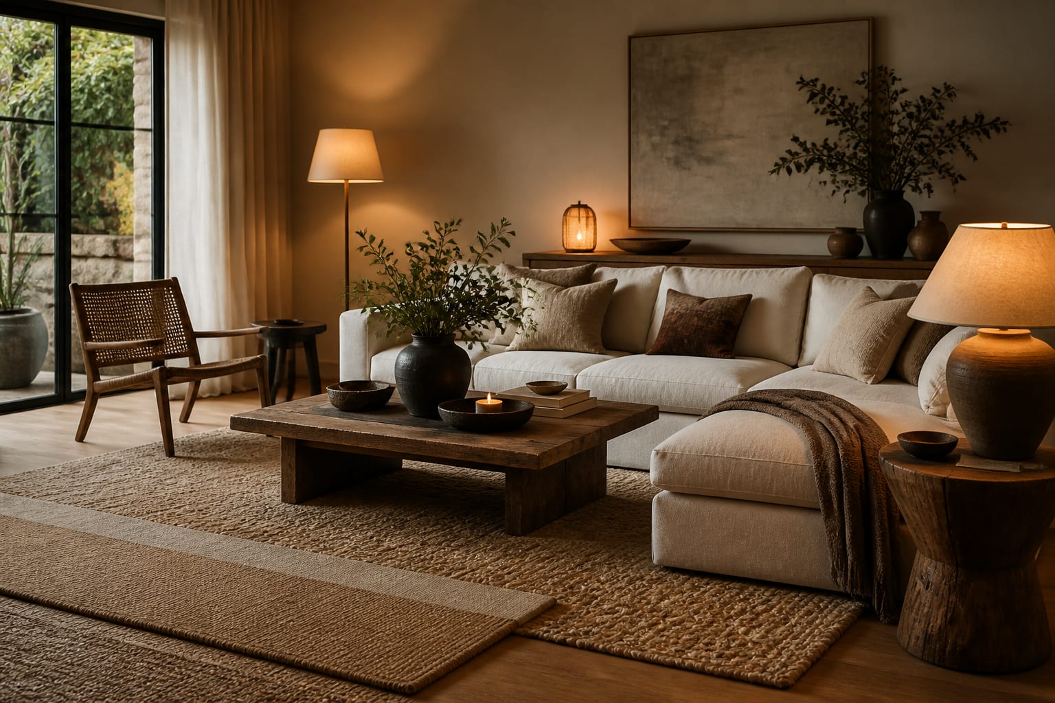 Natural Fiber Rug Guide: Jute, Sisal, Seagrass, and Wool, shown as warm editorial Re-Design photography of a warm editorial residential interior design scene with believable residential scale, no overlaid text, no watermark