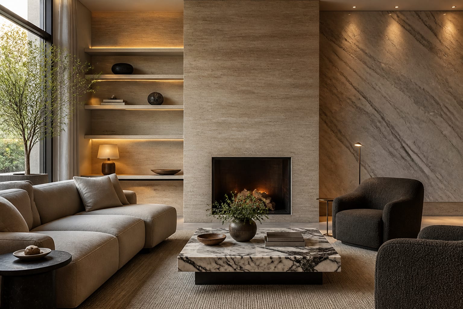 Natural Stone Interior Design: Marble, Travertine, and Quartzite Compared, shown as warm editorial Re-Design photography with believable residential scale, no overlaid text, no watermark