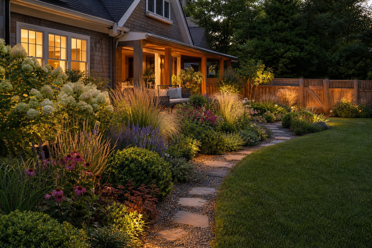same garden angle with dense naturalistic planting, ornamental grasses, seed heads, gravel path, and repeated perennial drifts.