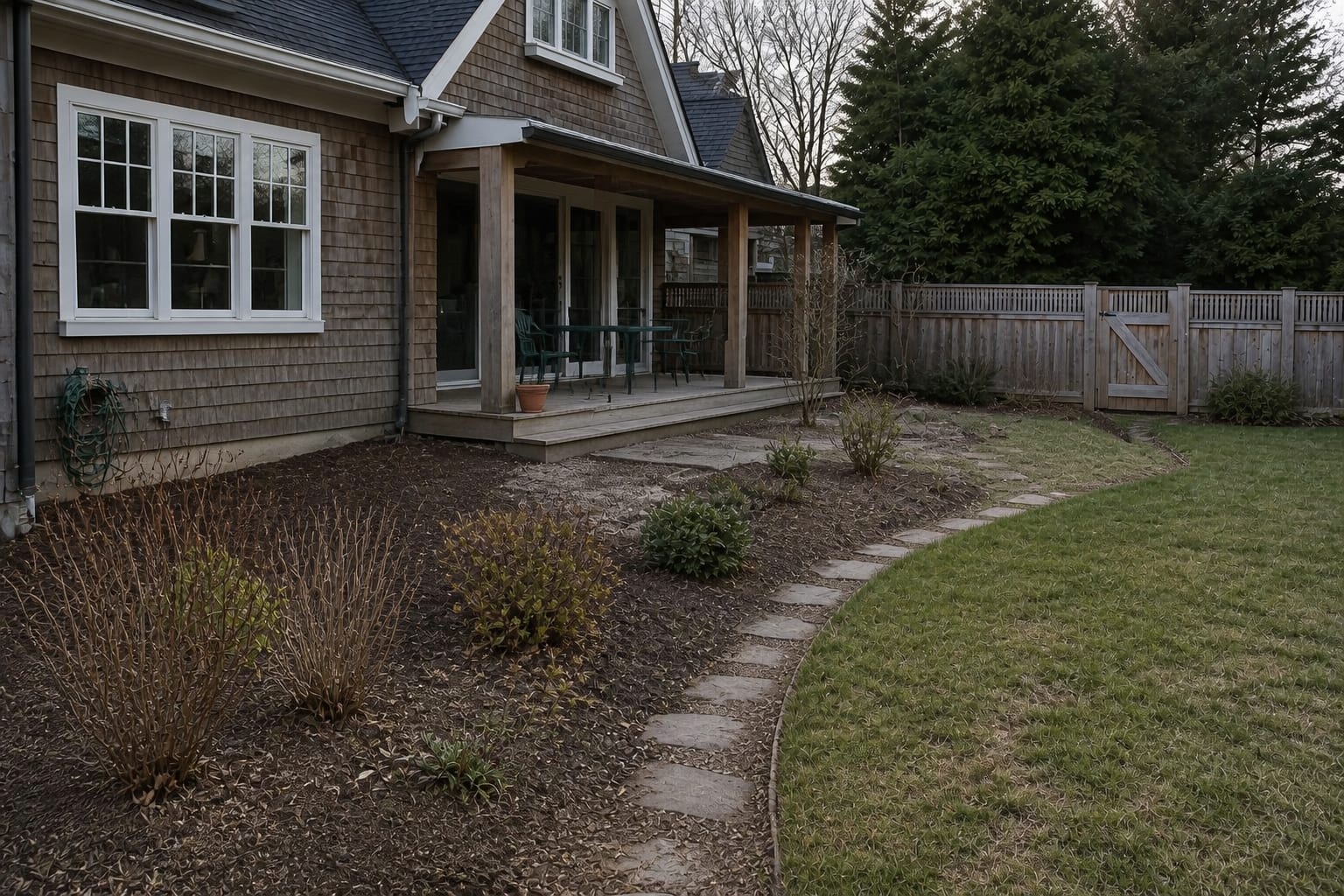 formal garden bed with thin mulch, scattered shrubs, clipped edges, and large gaps between plants beside a plain lawn.