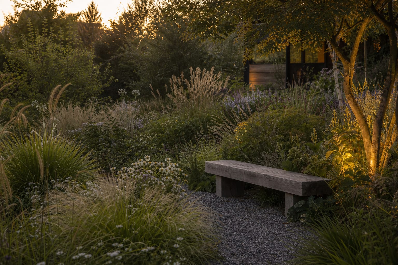 naturalistic garden with layered grasses, seed heads, perennials, gravel path, and a simple timber bench in evening light