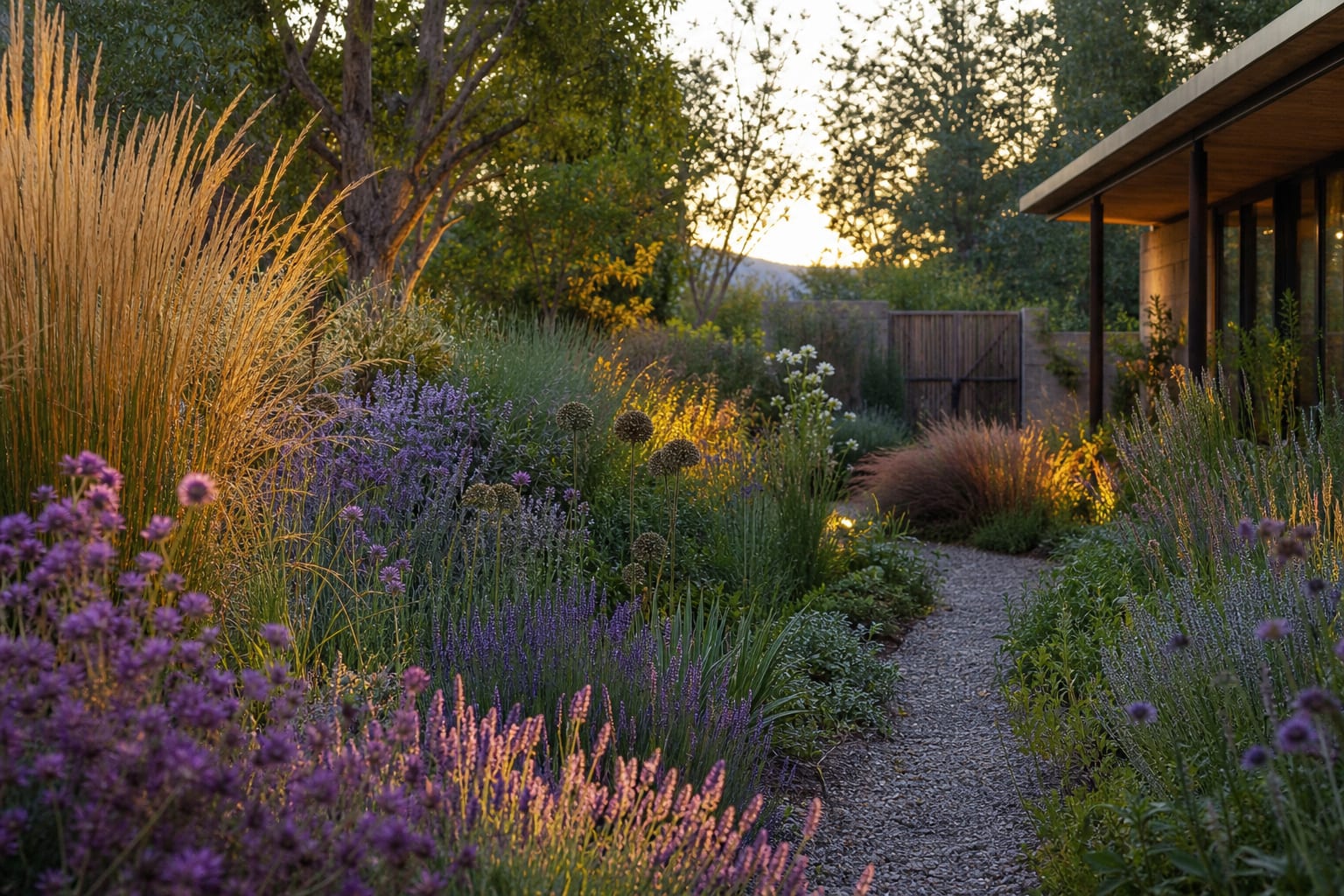 wide perennial border with repeated grasses, purple flowers, seed heads, and a narrow gravel path through a naturalistic garden