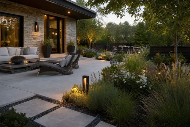 Naturalistic Planting Design: The New Landscape Look shown as a photorealistic outdoor redesign with layered materials, planting, lighting, and clear circulation
