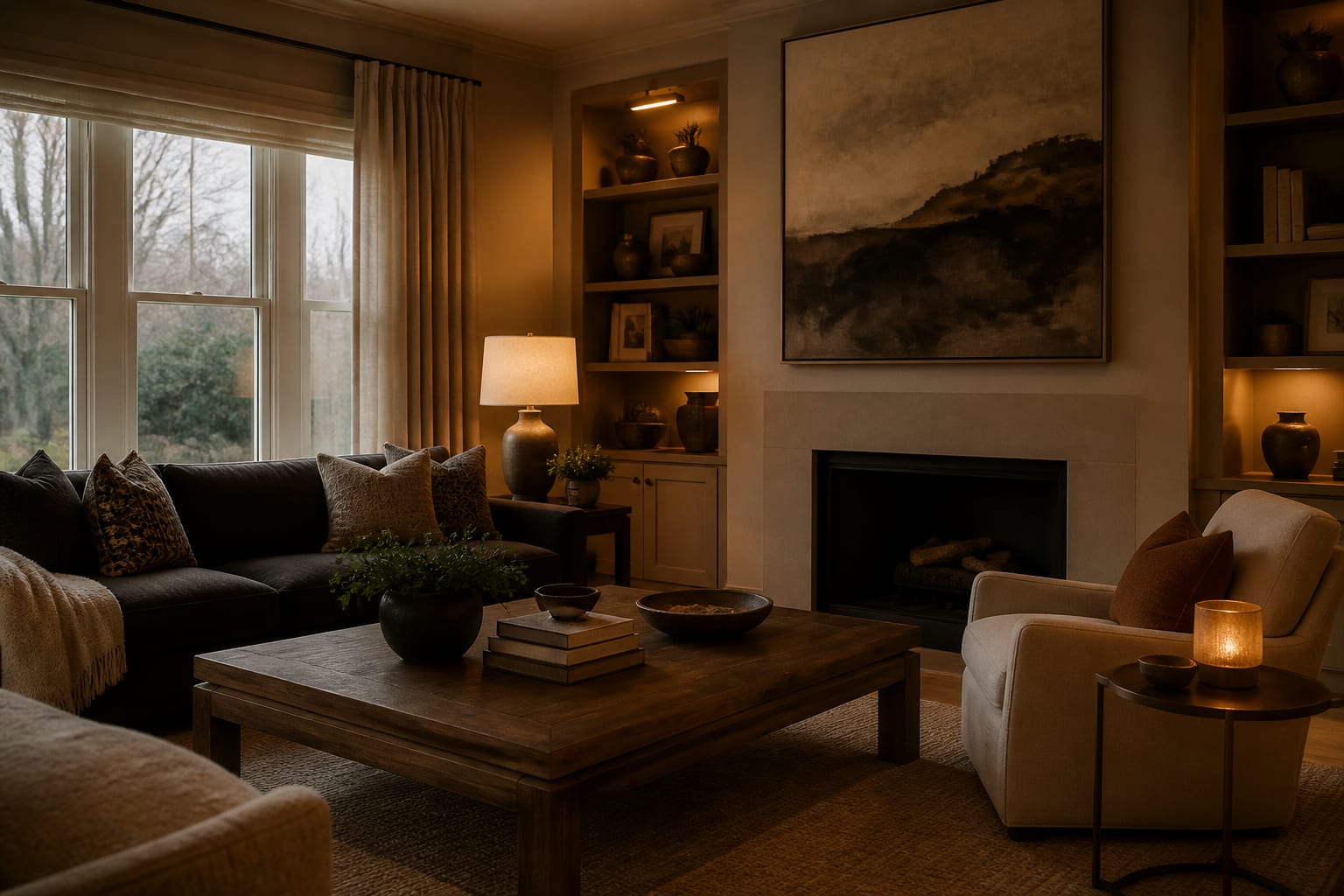 New Build Interior Design: Personalizing a Blank Canvas, shown as warm editorial Re-Design photography of a new-build living room given character with larger art, layered curtains, warm lighting, and textured furniture at believable residential scale, no overlaid text, no watermark