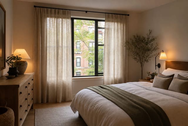 linen curtains hung from a renter safe rod in a bright apartment bedroom with warm lamps and no visible wall damage