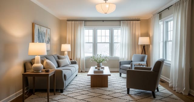 A warm-neutral north-facing living room with wool rug, linen curtains, and layered lighting