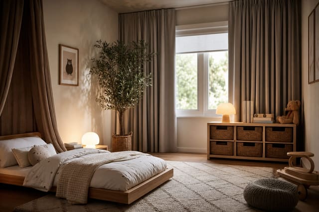 calm nursery converted for toddler use with low bed, closed storage, blackout curtains, and soft washable rug