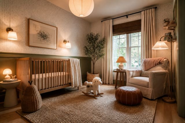 Editorial interior photograph showing nursery design ideas in a real nursery, with practical family-room materials, layered warm lighting, functional furniture placement, and a magazine-quality residential composition.