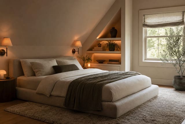 bedroom with a low upholstered bed under a slanted ceiling, built-in alcove shelves, warm sconces, and calm linen bedding