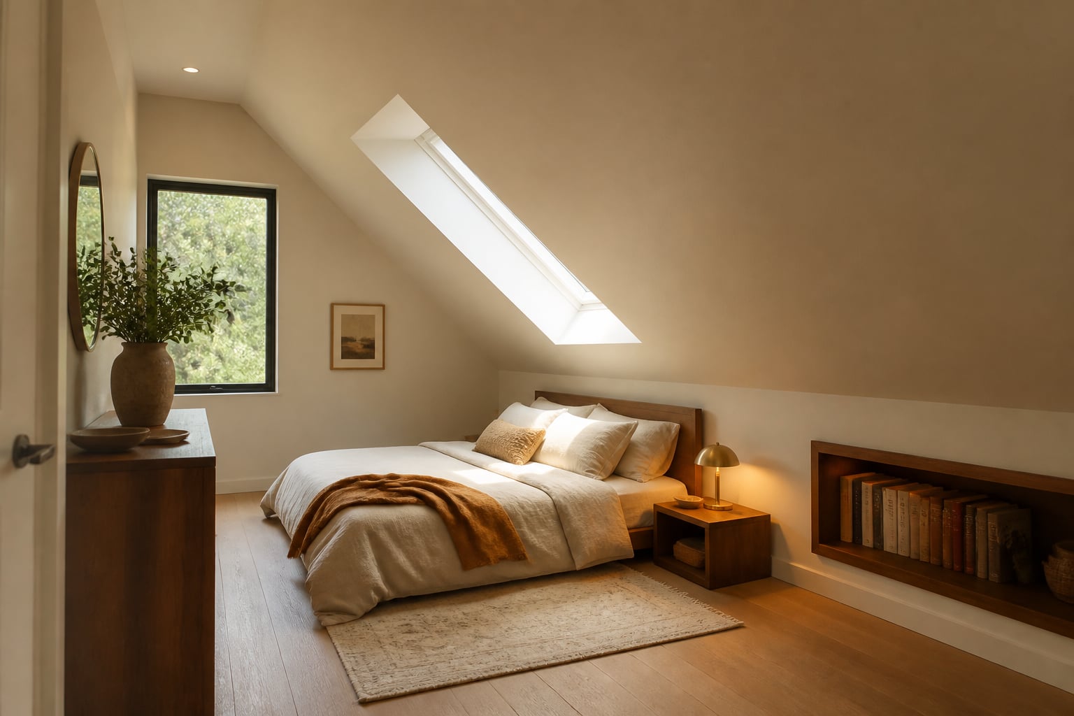 Same slanted-ceiling bedroom with a low platform bed tucked under the slope, a skylight in the slope, walls and ceiling painted the same warm ivory, and a built-in bookshelf carved into the knee wall.