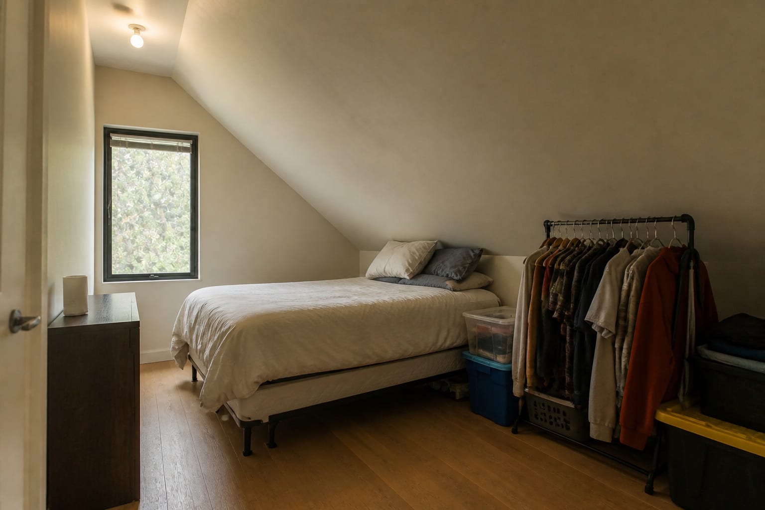 Slanted-ceiling bedroom with a tall standard bed pushed into the middle of the room, a folding clothes rack and plastic bins jammed under the slope, and a bare ceiling bulb.