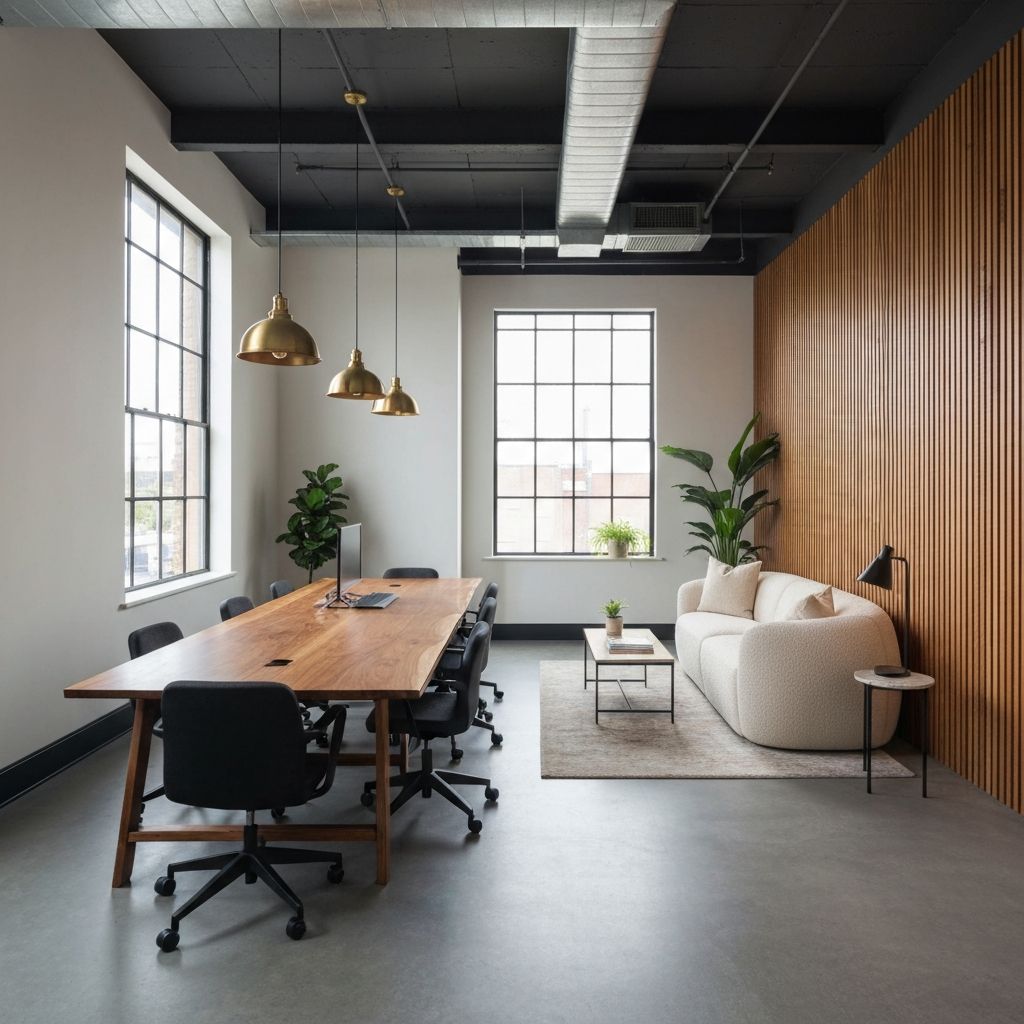 A small business office with mixed work zones and a feature wall
