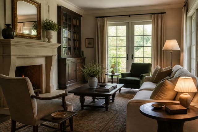 Editorial interior photograph showing old money aesthetic home decor: a practical decorating guide in a real whole home, with quiet luxury materials, layered warm lighting, styled furniture, and a magazine-quality residential composition.
