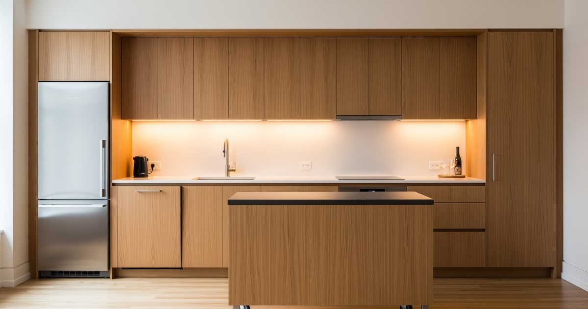 A one-wall kitchen with floor-to-ceiling cabinets, under-cabinet lighting, and a rolling island for extra prep space