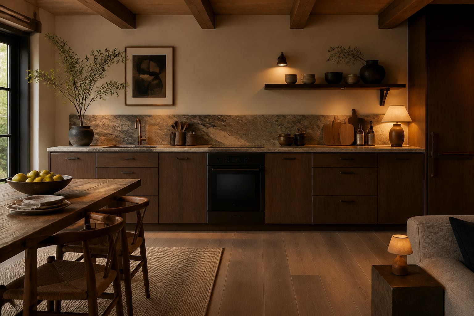 Editorial interior photograph showing one-wall kitchen ideas: make a single run work hard in a real kitchen, with warm residential materials, layered lighting, functional furniture placement, and a magazine-quality composition.
