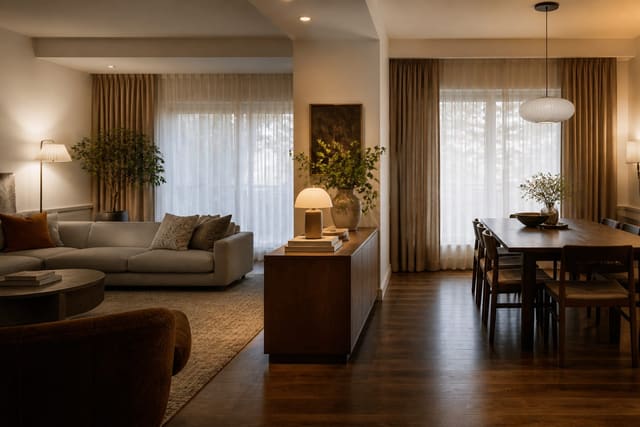 Open Plan Design Problems and Solutions: When Open Plans Go Wrong, shown as warm editorial Re-Design photography of an open plan living and dining room divided with a large rug, low console, layered curtains, and warm lamps at believable residential scale, no overlaid text, no watermark