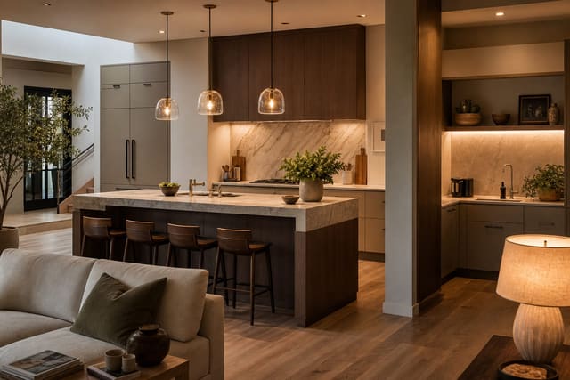 open-plan kitchen with a raised island ledge, warm pendants, and a tucked cleanup zone screened from the sofa