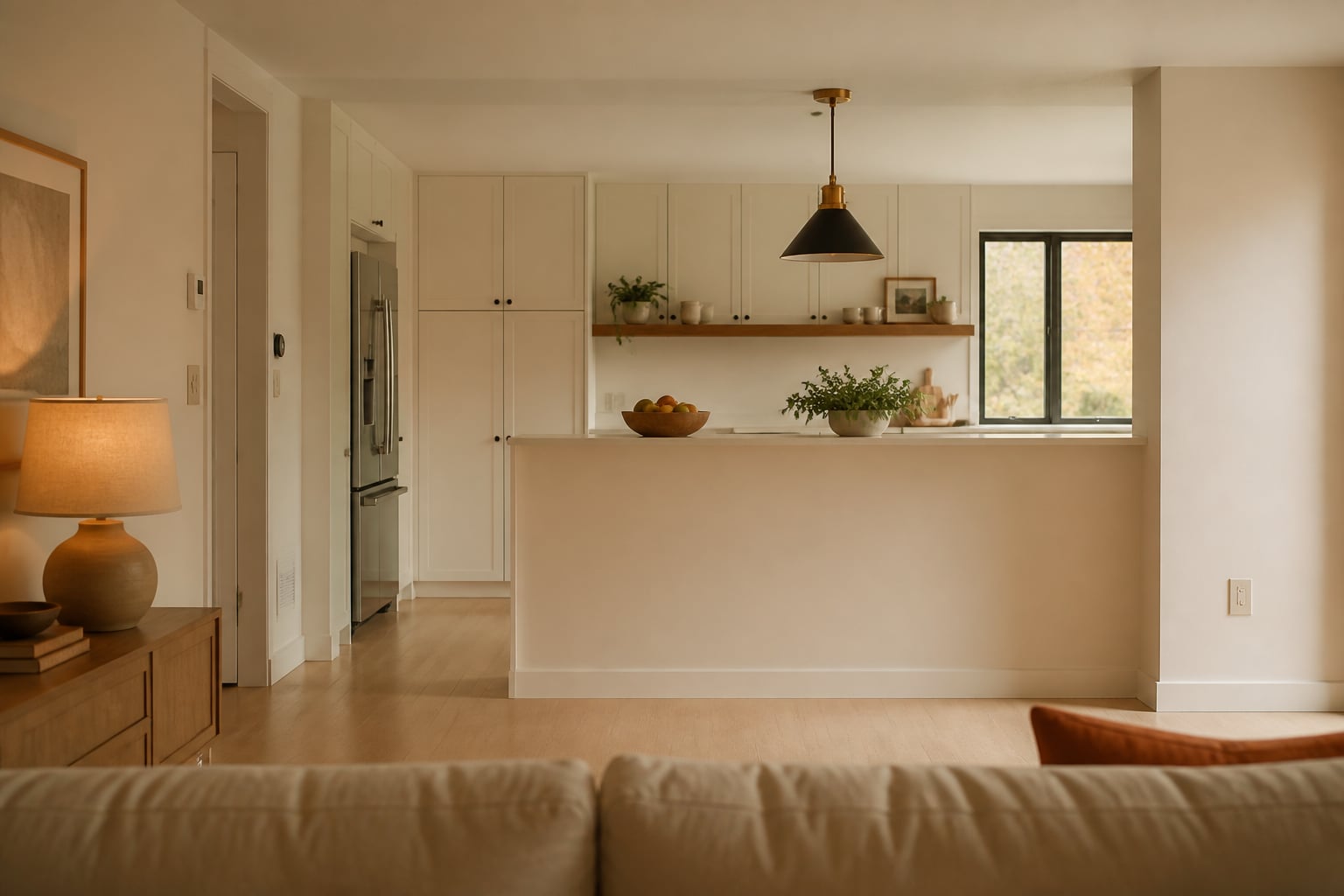 Same open plan with the island showing a clean tall back panel to the living room, only a fruit bowl on top, soft-white cabinetry beyond, and a single brass pendant.