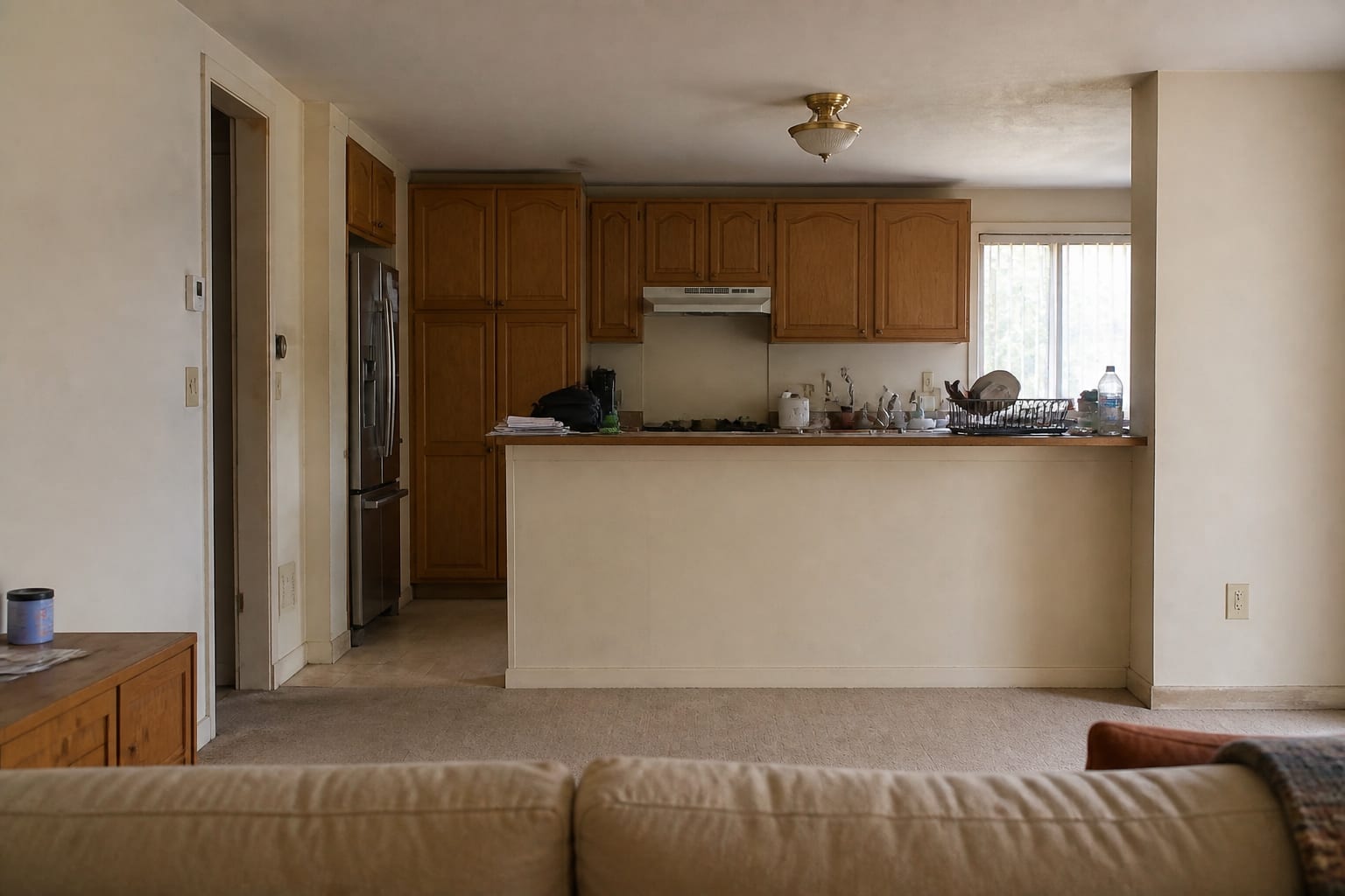 Open-plan kitchen seen from the living-room sofa — a cluttered sink and dish rack are fully visible across the open island, with mail and bags piled on top and orange-oak cabinets behind.