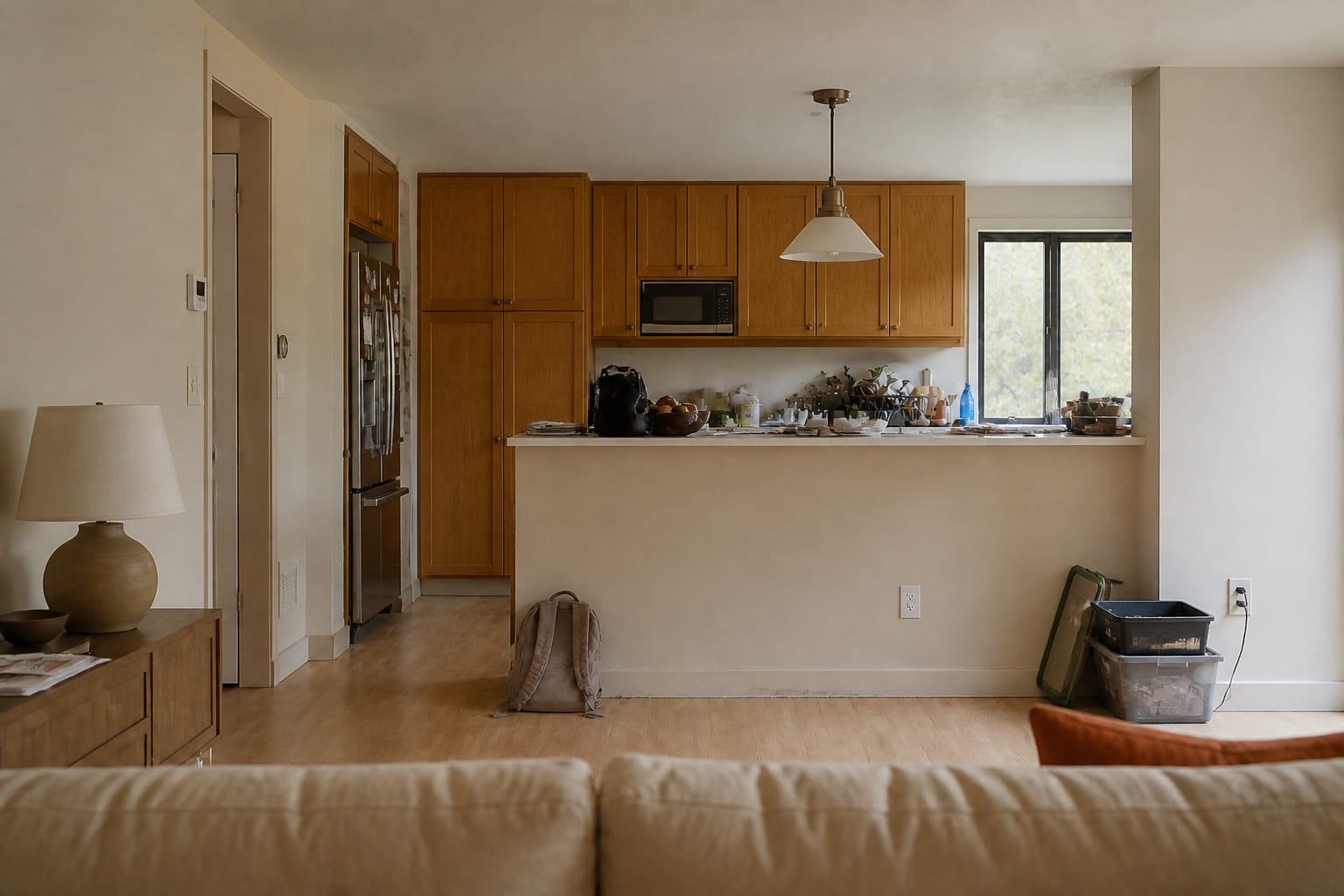Open-plan kitchen seen from the living-room sofa — a cluttered sink and dish rack are fully visible across the open island, with mail and bags piled on top and orange-oak cabinets behind.