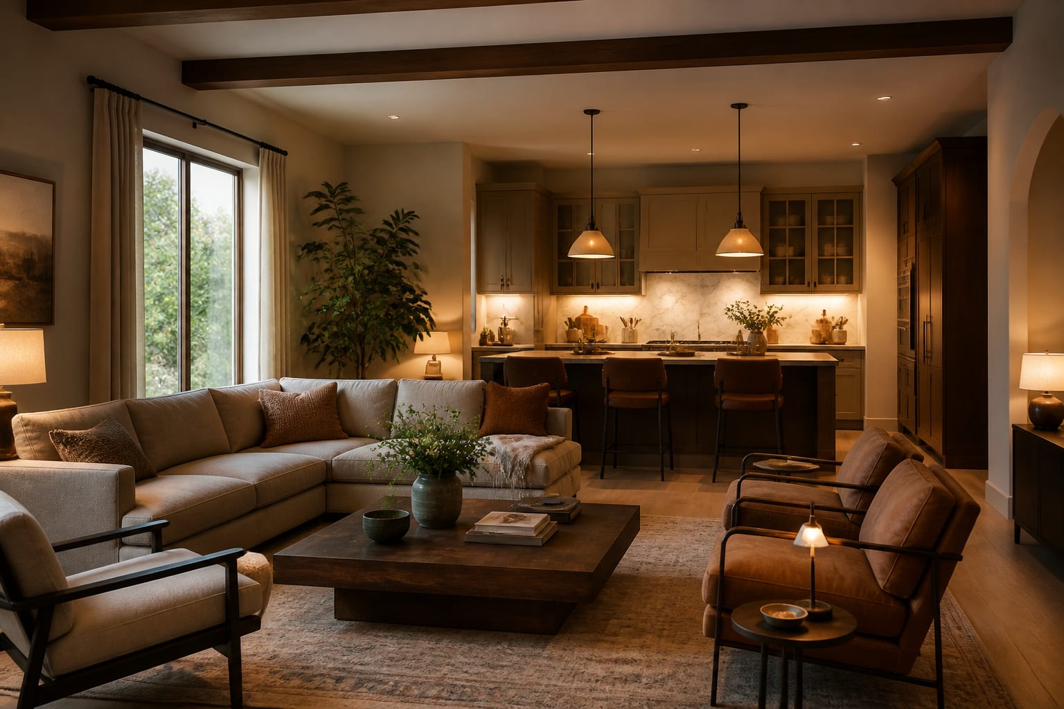 Editorial interior photograph showing open plan living room kitchen ideas for a space that feels designed in a real living room, with general materials, layered warm lighting, styled furniture, and a magazine-quality residential composition.