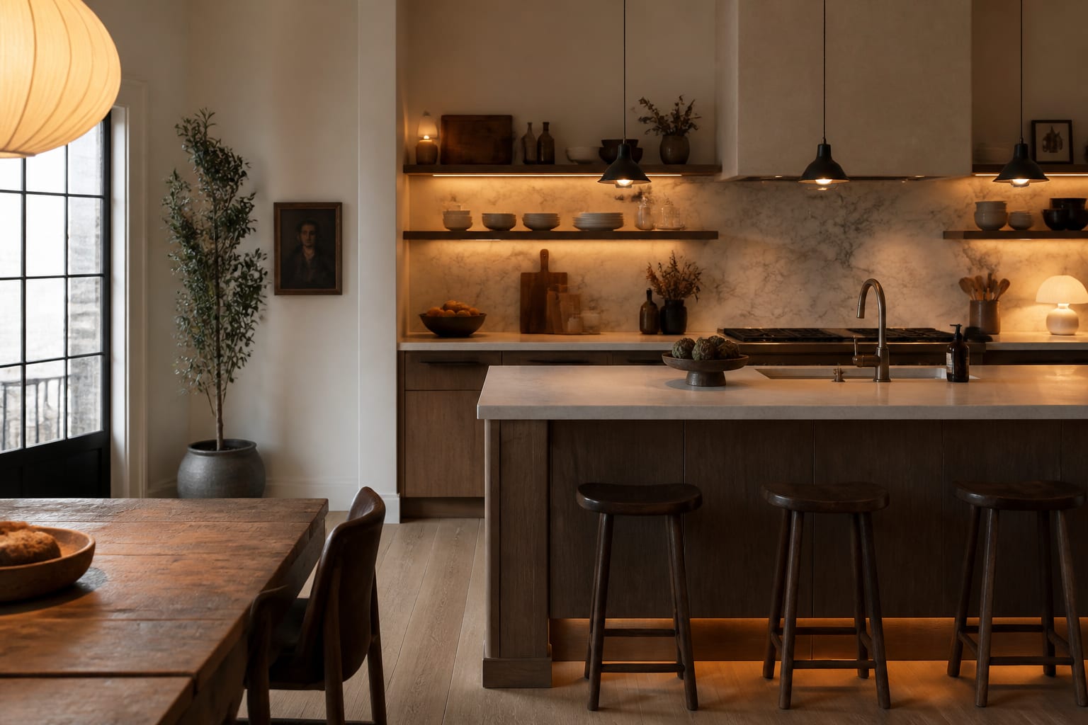 Editorial interior photograph showing open shelving kitchen ideas in a real kitchen with open shelving, with warm modern kitchen materials, layered warm lighting, functional furniture placement, and a magazine-quality residential composition.