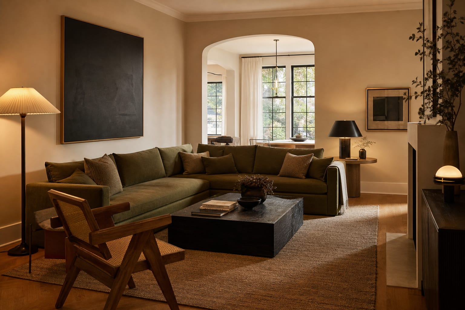 living room with honey wood floors, creamy walls, olive textiles, and black accents that balance the orange undertone