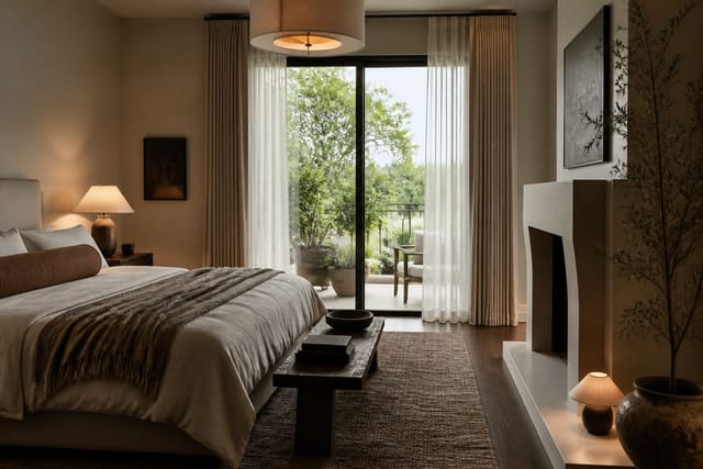 Editorial interior photograph showing organic modern bedroom ideas for a serene retreat in a real bedroom, with organic modern materials, layered warm lighting, styled furniture, and a magazine-quality residential composition.