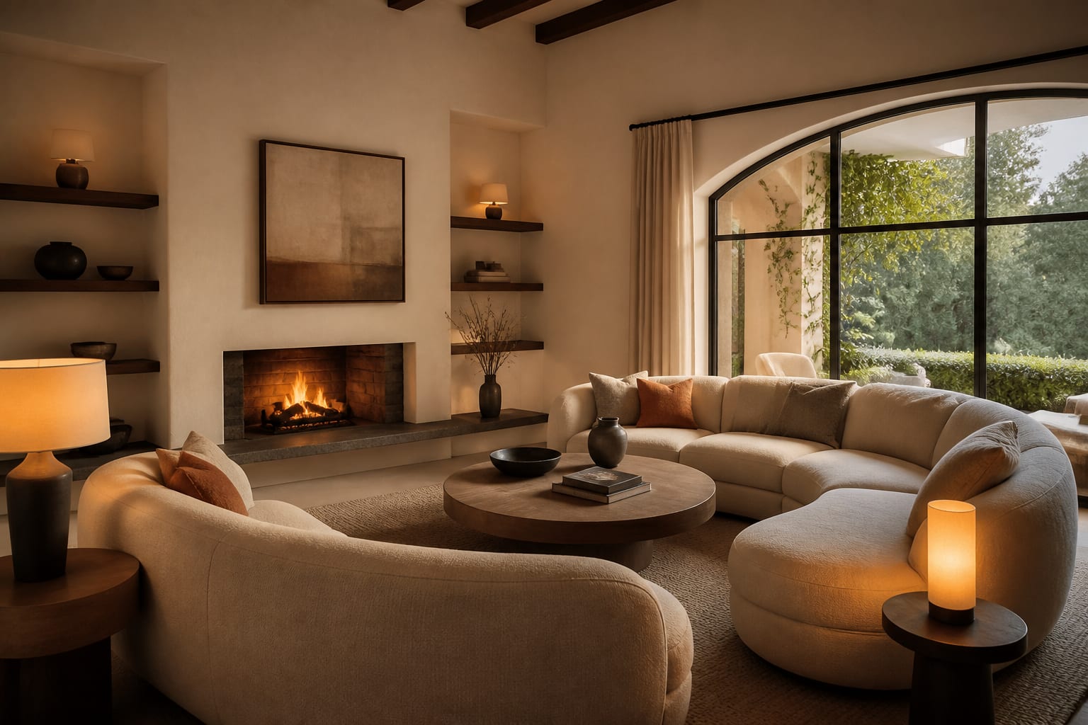 Editorial interior photograph showing organic modern living room curved sofas, natural materials, warm neutrals.