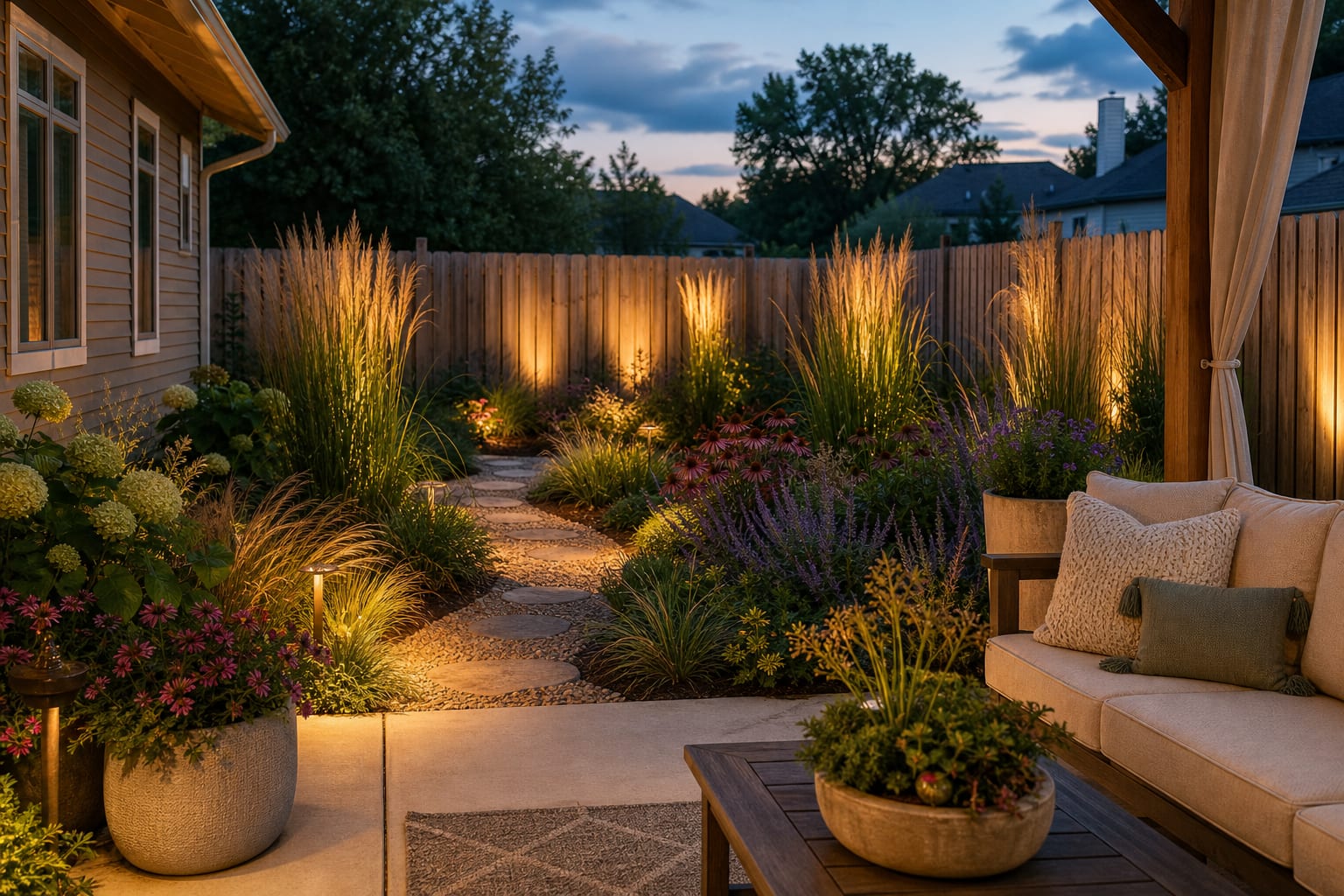 Same garden view with repeated feather reed grass, low sedge edging, mixed perennials, gravel path, and warm shielded lights