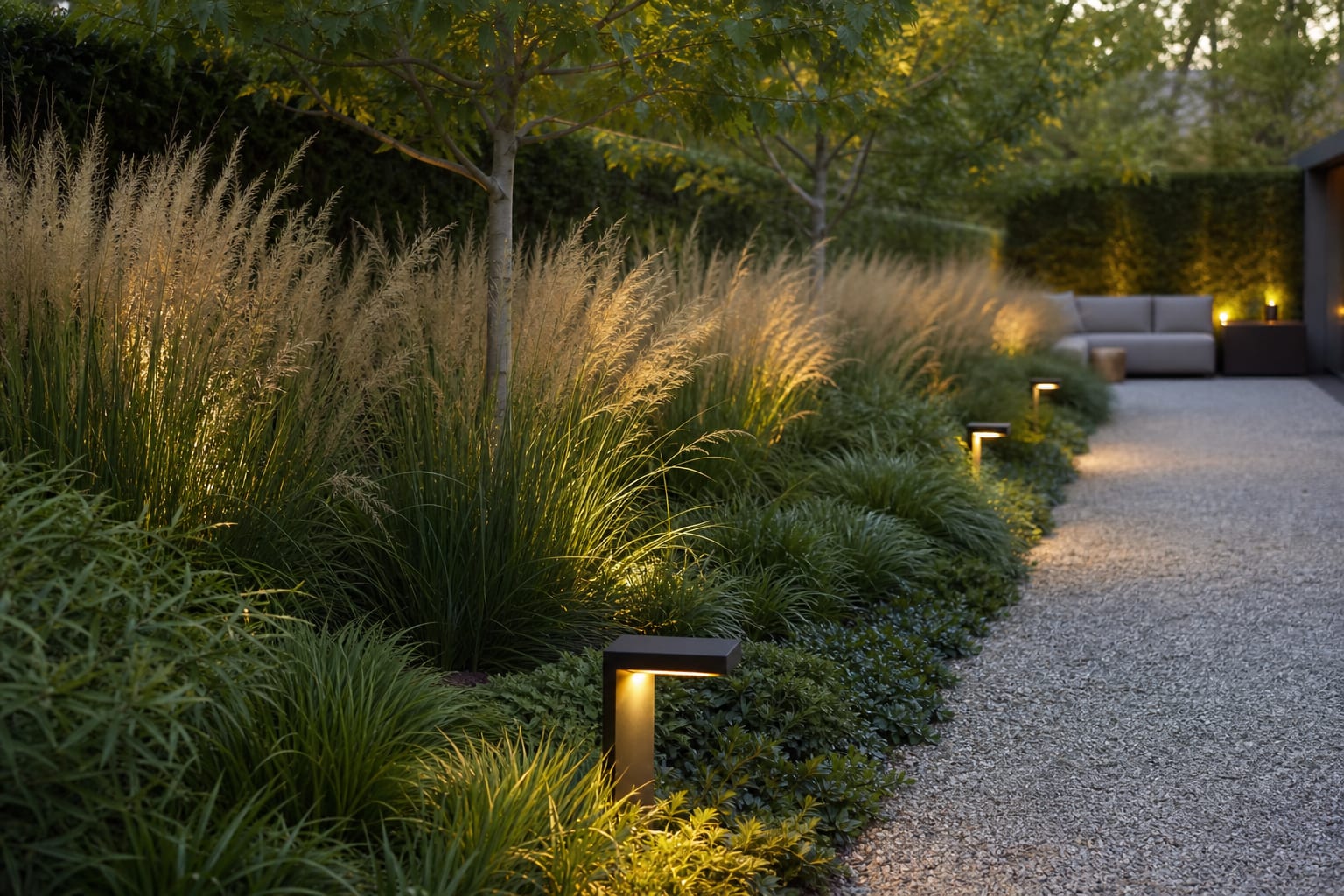 Layered garden border with feather reed grass, low sedges, and warm path lighting beside a simple gravel walk