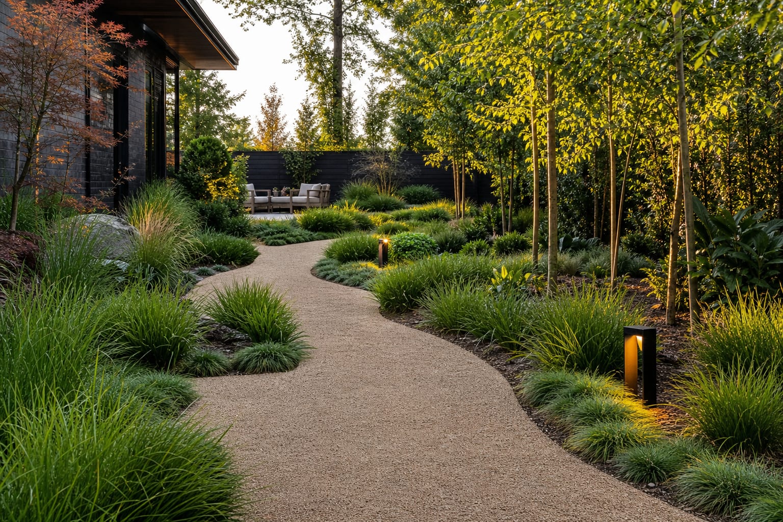 Curved garden path with staggered grass clumps, low sedge edging, and shielded warm lights set away from the walking line