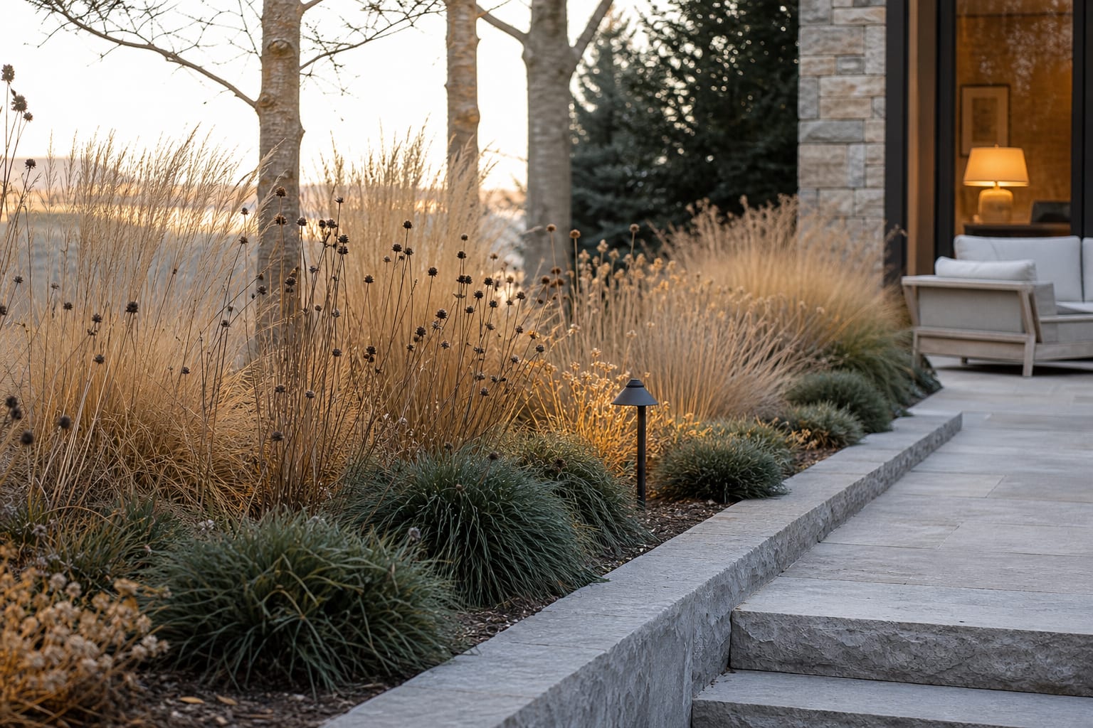 Winter garden border with standing ornamental grass seed heads, clipped low sedges, and a clear stone step edge