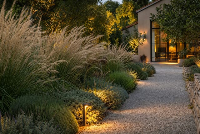 Layered garden border with feather reed grass, low sedges, and warm path lighting beside a simple gravel walk