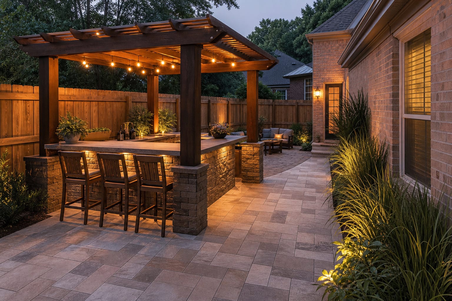 same patio corner redesigned with a stone outdoor bar, wood stools, pergola shade, cabinet storage, and warm evening lighting
