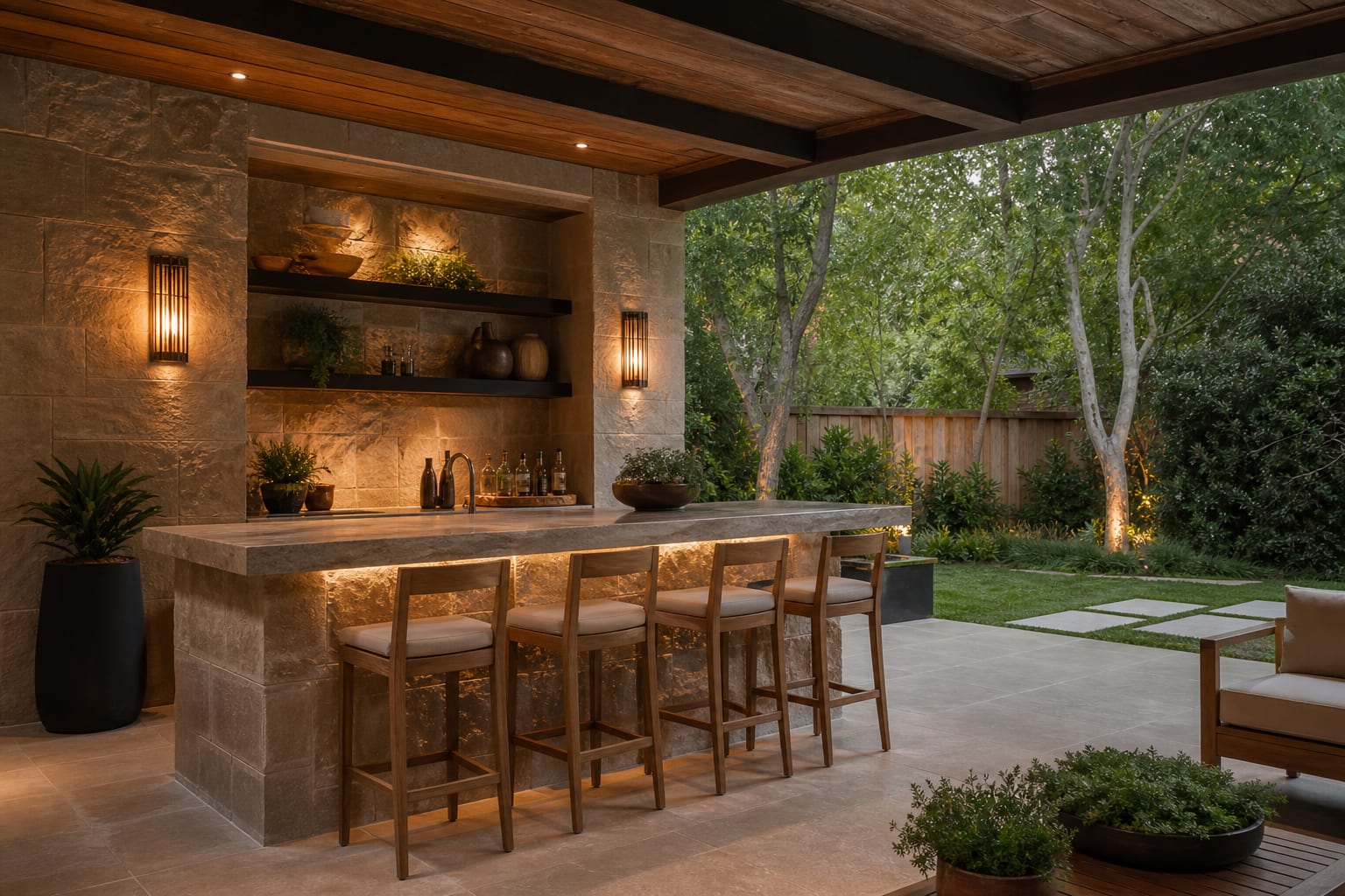 covered patio bar with stone counter, teak stools, warm sconces, and a shaded serving wall beside a planted backyard