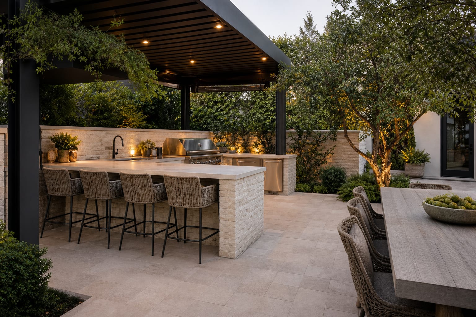 outdoor kitchen bar with an L shaped counter, grill zone, four stools, overhead shade, and clear walking space to the dining table
