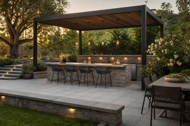 Outdoor Bar Ideas: Counter, Seating, and Shade for Entertaining shown as a photorealistic outdoor redesign with layered materials, planting, lighting, and clear circulation