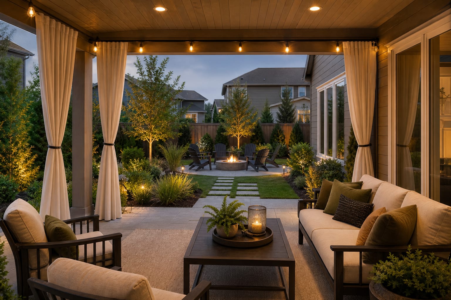 Same covered patio with outdoor curtain panels on dark rods, defined seating, filtered shade, and a clear walkway to the yard.