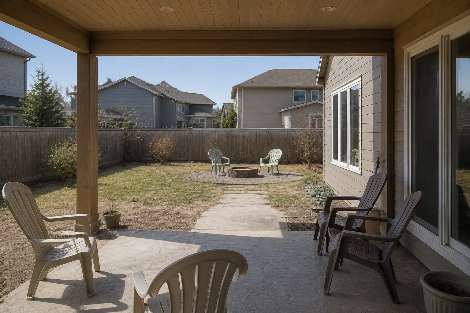 Bare covered patio with exposed posts, scattered chairs, no privacy screening, and harsh afternoon light across the floor.
