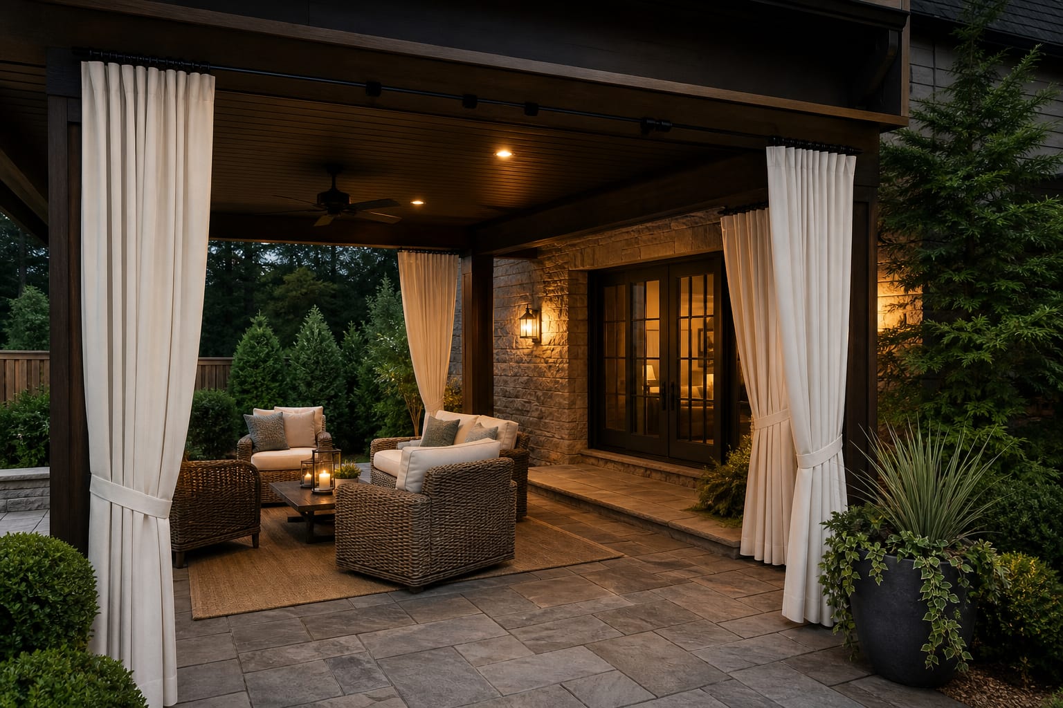 covered patio with white outdoor curtains on black rods, woven chairs, stone pavers, and soft evening lighting