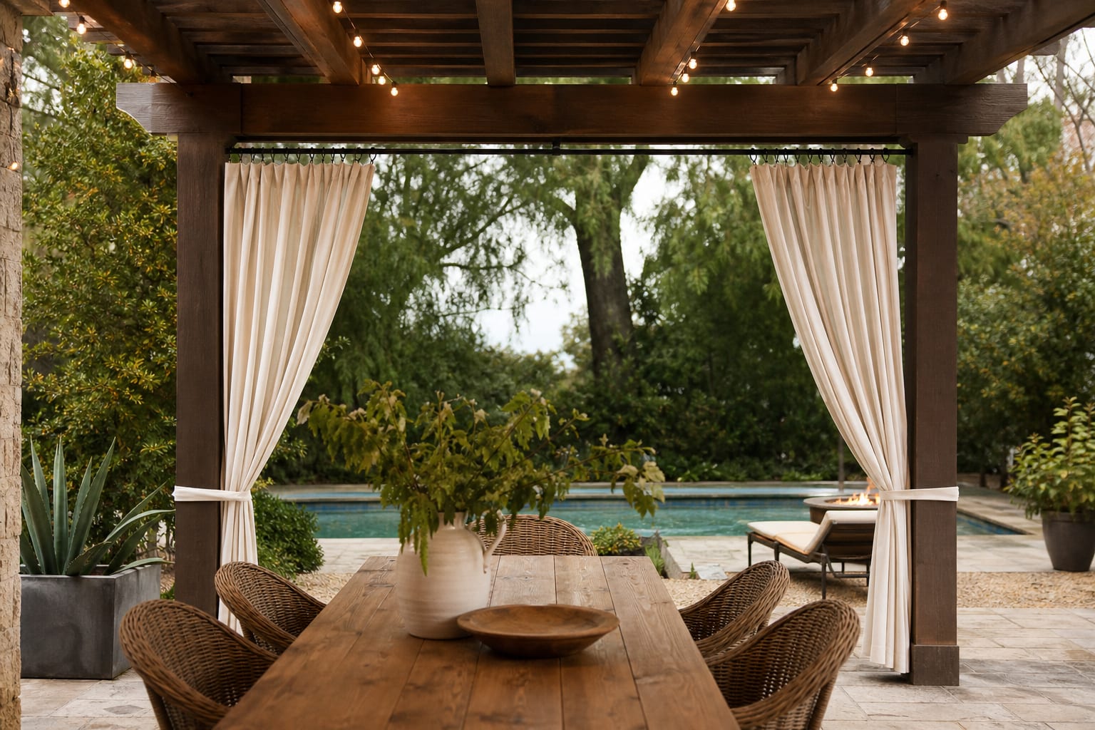 black outdoor curtain rod mounted between pergola posts with off-white panels tied back beside a dining area