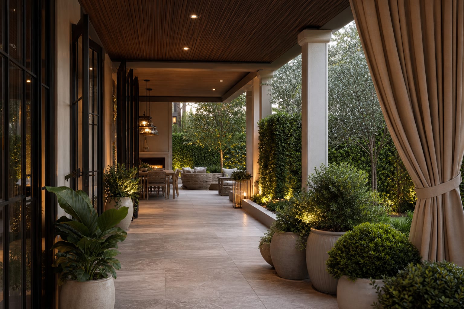 neutral outdoor curtains pulled to one side of a covered patio with clear walking space and layered planters
