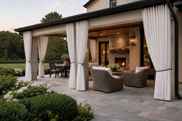 covered patio with white outdoor curtains on black rods, woven chairs, stone pavers, and soft evening lighting
