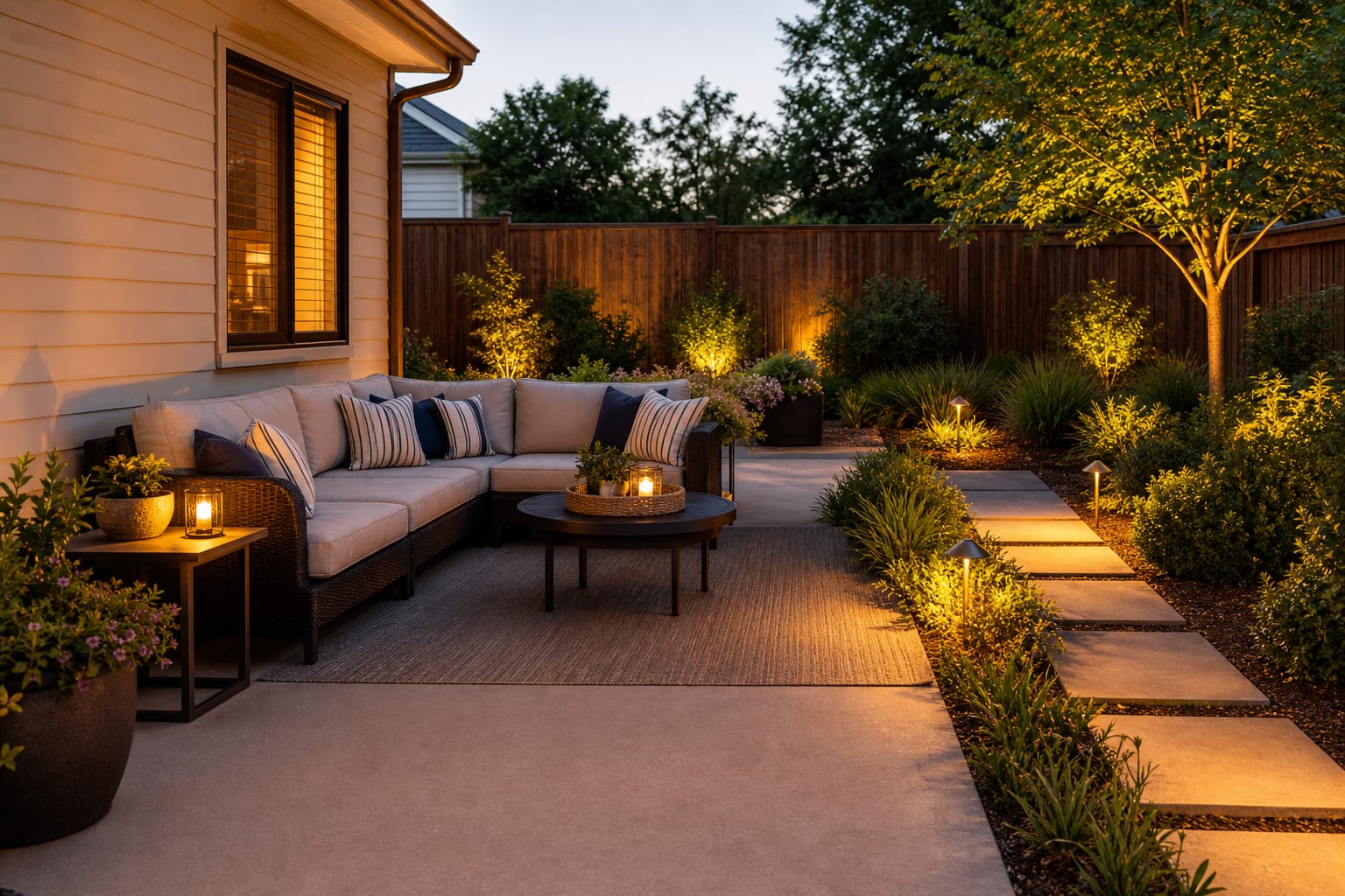 The same patio angle with thick weather resistant outdoor cushions, striped pillows, planters, and a small table beside the sofa.