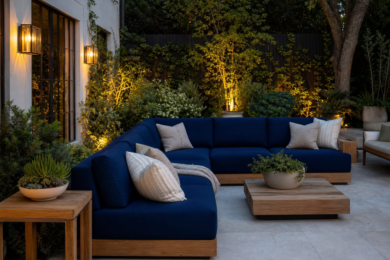 deep patio sofa with tailored navy outdoor cushions, teak side tables, pale stone pavers, and layered planters under warm evening light