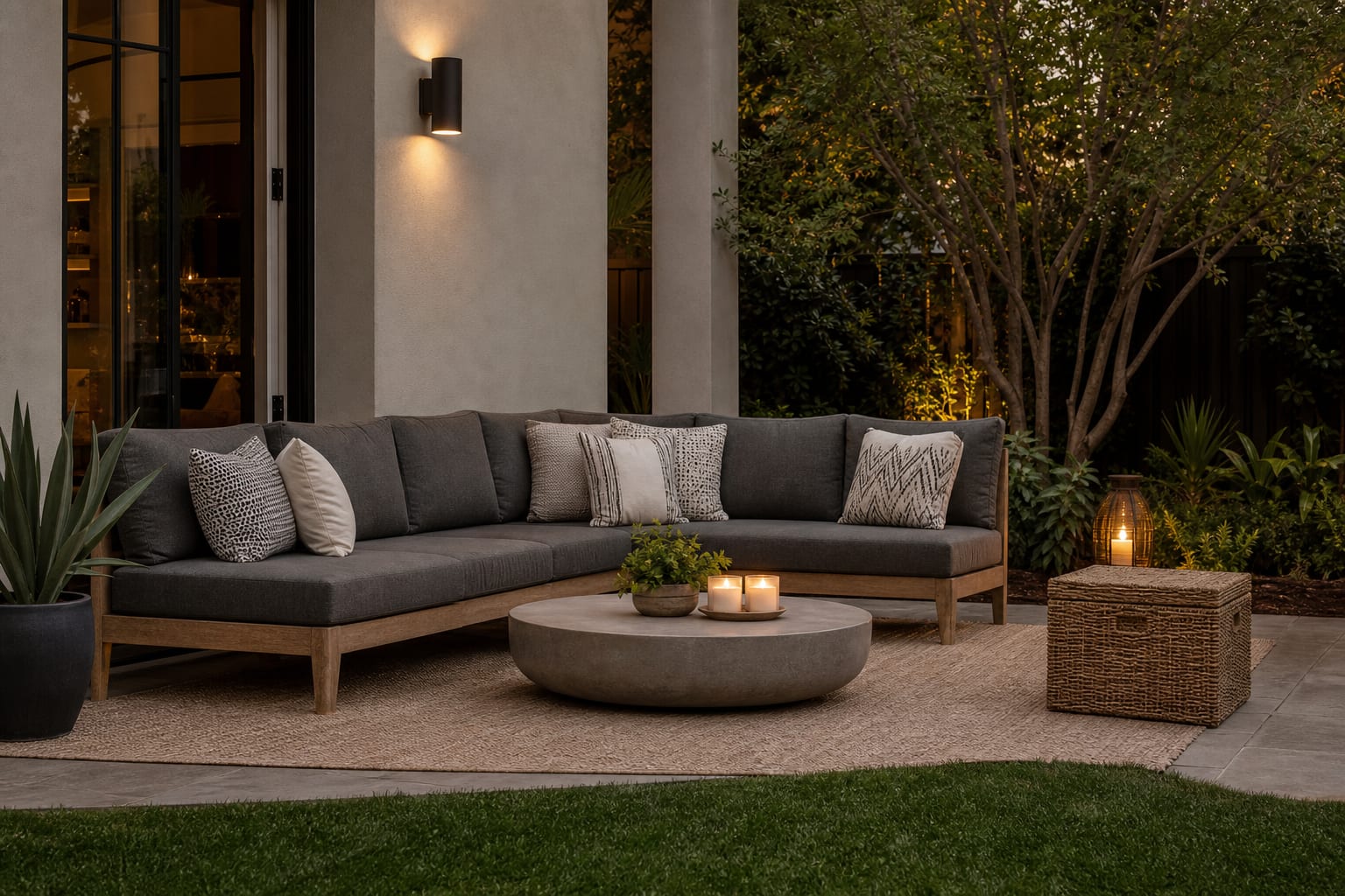 sectional patio sofa with five inch boxed cushions, quick dry foam seats, low back pillows, and a woven storage box nearby